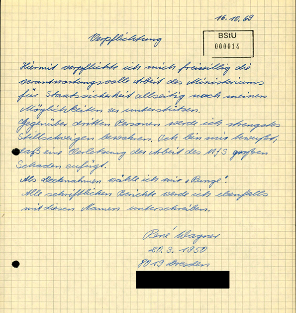 Verpflichtungserklärung René Wagners als Stasi-Mitarbeiter "Runge" vom 16.10.1969 (Quelle: BStU)
